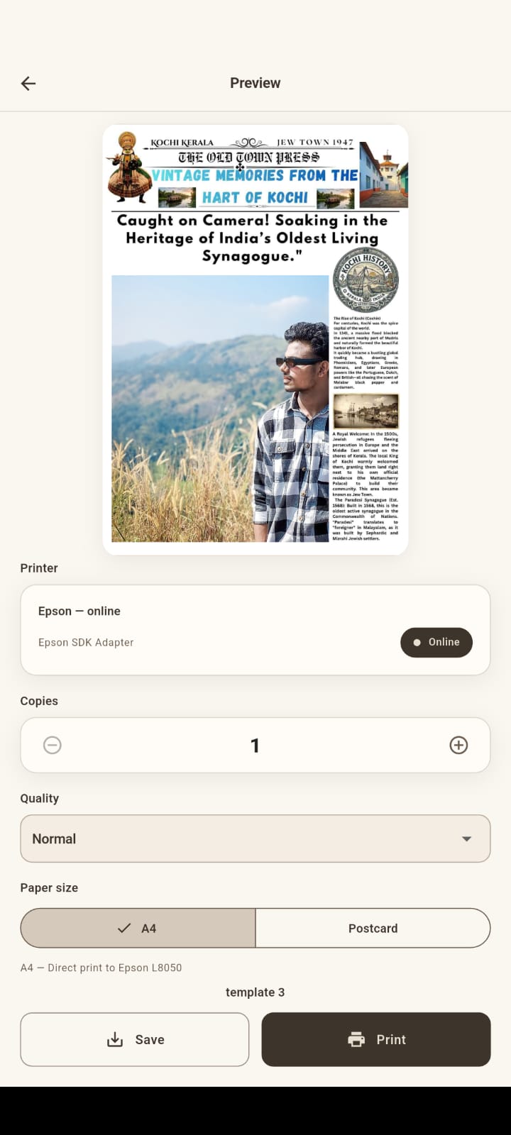 Photo booth application preview screen showing Epson printer status and print controls